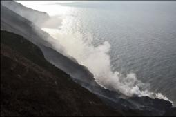 steaming lava delta at the base of Sciara del Fuoco