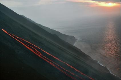 lava flows in sunset